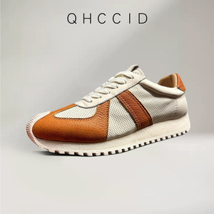 QHCCID รองเท้าผ้าใบหนังแท้สีบล็อกกิ้ง รองเท้าลำลองแบบตาข่ายระบายอากาศได้ พื้นรองเท้ายางส้นเตี้ย - Product Image 3