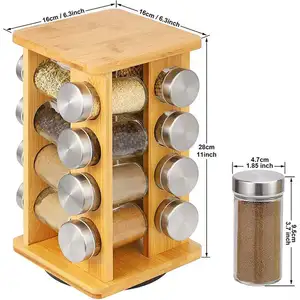 Cremagliera quadrata per condimenti in bambù, cremagliera per condimenti da cucina multifunzionale con fondo in legno multi griglia rotante/