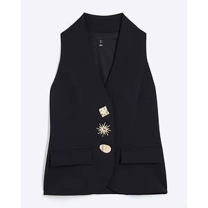 Personalizado 2025 verano nuevo botón dorado negro sin mangas botón detalle mujer Vintage a medida Chaleco de talla grande trajes largos 100% - Product Image 5