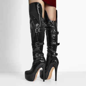 Bottes hautes pour femmes, grande taille 46, avec boucles de ceinture métalliques, en cuir verni, à plateforme épaisse, coupe large, talon aiguille, style bottines longues - Product Image 5