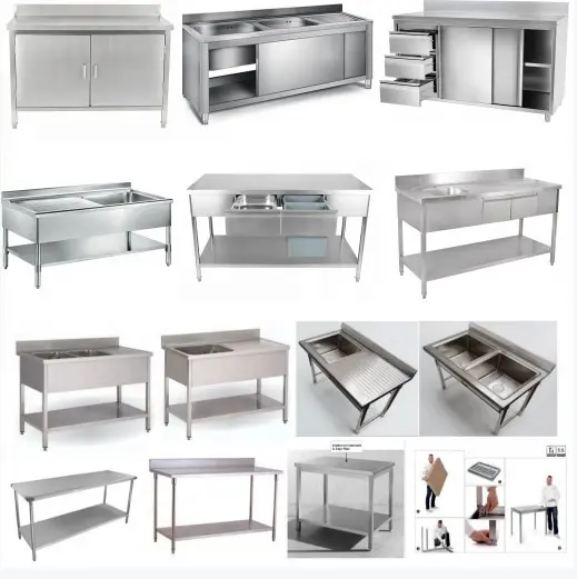 Stainless Steel kitchen Work cabinet with double-walled sliding doors 3 drawers and upstand