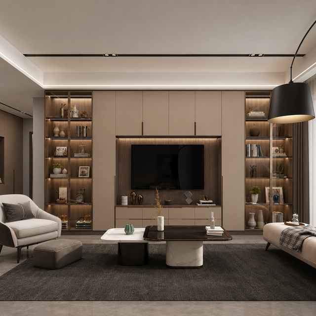 Custom Living Room TV Wall Unit Modern Wooden TV Cabinet with Display Shelves Storage Drawers and Media Console