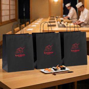 Custom <b>Biodegradable</b> Recyclable Disposable Kraft <b>Paper</b> Bags with Twisted Handles for Restaurant Japanese Sushi Takeout - Product Image 4