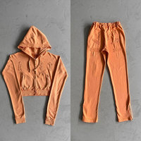 Kustom Logo Y2K Zip up asam cuci French Terry Crop Hoodie dan celana olahraga 2 dua bagian set wanita Applique bordir tracksuit