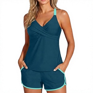 Ensemble de maillots de bain deux pièces pour femmes : Haut tankini à col en V croisé et short de bain, tenue de bain modeste, vêtements de bain actifs, OEM ODM - Product Image 3