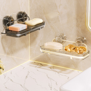 Suction Cup Soap Dish Wall Mounted Double Compartment Self Drain Transparent And Black Plastic Bathroom Soap Holder - Product Image 4