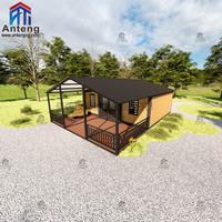 Maison conteneur extensible et pliable en bois grainé avec terrasse et auvent, 2 chambres, villa préfabriquée pour les vacances en famille et la vie en plein air
