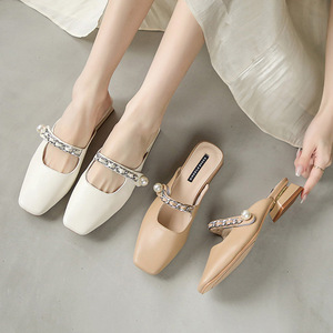 Manufacturer Custom 2023 Summer Ladies Slide Sandals Comfortable Close Toe Genuine Leather Anti Slip Low Heel <strong>Women</strong> Mule <strong>Shoes</strong> <strong>f</strong> - Product Image 3