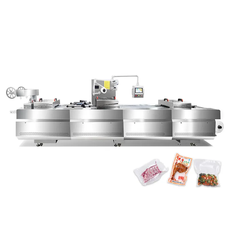 Full Automatic Bacon Sausage Meat Cooked Food Continuous Vacuum Thermoforming Forming Line Packaging Packing machine