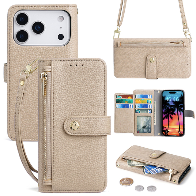 Women Crossbody Leather Flip Zipper Wallet Bag Phone Case for iPhone Air 17 Pro Max Card Holder Phone Case