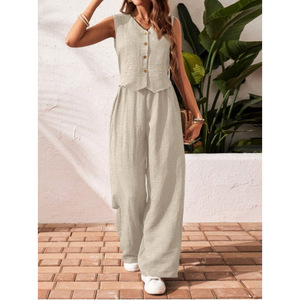 Women's Green <b>Linen</b> Jumpsuit Sleeveless V-Neck Button Front Wide Leg Casual Summer <b>Set</b> For Europe America Southeast Asia - Product Image 4