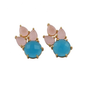 Ensemble de clous d'oreilles en plaqué or faits à la main, calcédoine rose et bleue, bijoux de mode - Product Image 6