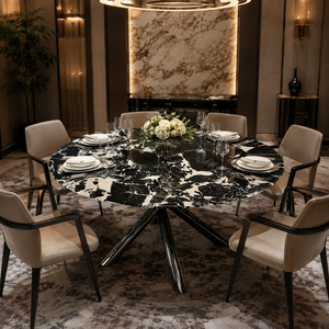 Customized Luxury Black Marble Quartzite Dining <b>Table</b> Round <b>Top</b> Modern Villa 6 Seater Metal Legs <b>Stone</b> Furniture - Product Image 1