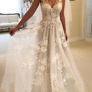 Wedding Dress A-Line Deep V-neck Embroidered Lace Ivory White Floral Print Train Dress - Product Image 1