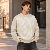 Pull col rond beige personnalisé 100 % acrylique jacquard 7GG 480GSM, motif ailes surdimensionné, tricoté, vente en gros