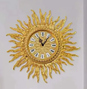 Lüks ev dekorasyon dede duvar saati otel duvar altın bakır Metal sanat toptan güneş şekilli duvar saati