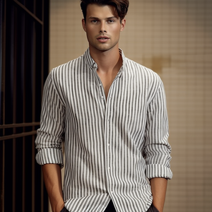 Camisa a Rayas de Manga Larga, Cuello Polo, Cómoda y Holgada, de Lino y Algodón para Hombre, Nueva Colección Primavera-Otoño - Product Image 2