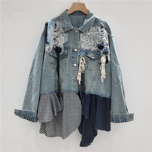 Chaqueta Vaquera de Mezclilla para Mujer, Estilo Holgado y Estilizador, Largo Medio a Largo con Costuras Irregulares, Top Vaquero Holgado - Product Image 1