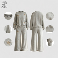 Dames trainingspak met ronde hals, sterrenborduursel, applicatie, wijde pijpen, tweedelig outfit, zachte French Terry kleding, fabrikant
