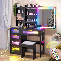 Meubles de Chambre à Coucher Modernes, Coiffeuses Noires avec Rangement, Table à Maquillage avec Miroir Éclairé par LED, Éclairage RVB, 5 Tiroirs, Matériel MDF