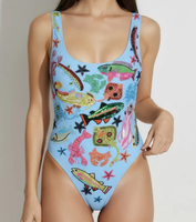 Traje de Baño de Una Pieza con Cuello Redondo y Estampado de Animales Marinos, Hecho a Mano, de Lujo, con Cuentas, Diseño Personalizado OEM, Venta al Por Mayor