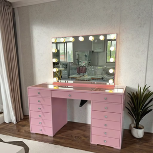 Modern PINK Wood Lighted <strong>Makeup</strong> Vanity Dressing <strong>Table</strong> with Storage Panel Mirror for Hotel Apartment Bedroom - Product Image 1