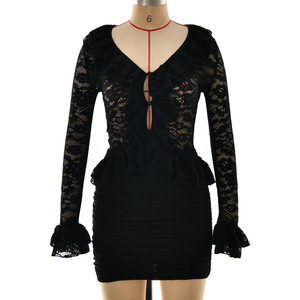 Women's Lace Ruffled Long Sleeve Top And Bodycon <b>Skirt</b> Set With Splicing Design For Leisure Wear - Product Image 5