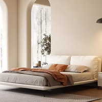 Ensemble de lit Queen Deluxe avec revêtement en cuir véritable double, cadre en métal, design moderne, rangement pour chambre familiale