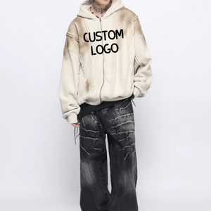 New Design <b>Spray</b> Dirty Wash <b>Sun</b> Fade Zip up Hoodies High Quality Custom Distressed Sewing Oversize Zipper Hoodie - Product Image 1