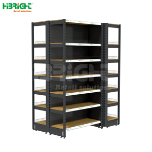 Étagères gondoles robustes double face à haute luminosité avec panneaux en grain de bois pour îlots centraux de supermarché - Product Image 1