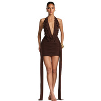 Robe Courte Personnalisée OEM pour Femme, Col Halter Perlé, Col Bénitier Plongeant, Tenue de Soirée et Clubbing