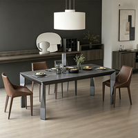 Table à manger portable moderne en pierre frittée noire, pieds en métal poli, table rectangulaire durable pour 4 à 6 personnes, appartement, hôtel