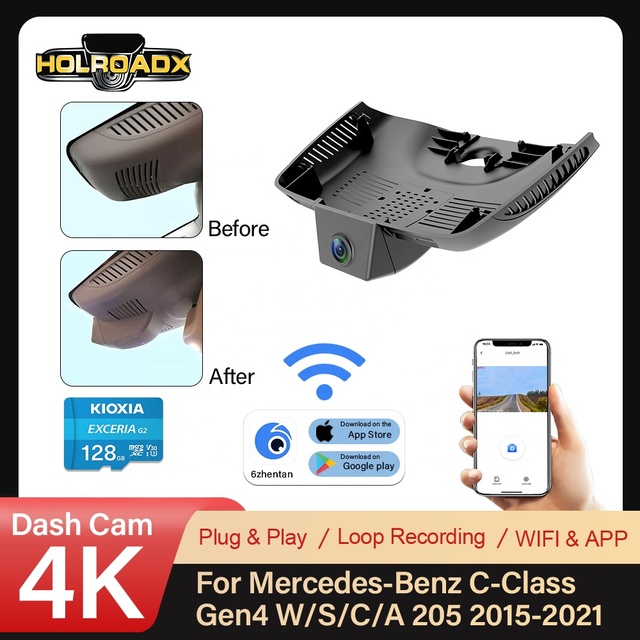 Front 4K/Rear 1080P Video Recorder Dash Cam for Mercedes-Benz C-Class/GLC W205 2015-2021 C200/C250/C300 Plug Play WIFI Recording