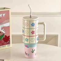 Hot coloré personnalisé 40oz mignon style girly gobelet double paroi en acier inoxydable 304 tasses fiole à vide et thermos avec poignée en paille