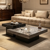Table Basse Moderne Minimaliste de Luxe Empilable en Pierre Frittée Noire et Grise avec Plateau Carré en Marbre pour Salon, Villa, Hôtel (Vente en Gros)