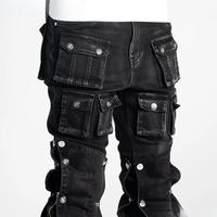 Pantalon cargo baggy pour hommes, style streetwear, délavé à l'acide, vintage, effet usé, jean empilé, multi-poches, fermeture éclair, fabrication OEM
