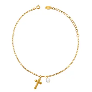 Moge Jewelry – Bracelet de cheville en acier inoxydable plaqué or 18k pour filles, chaîne à épingle de sécurité avec perle croisée, trombone, 2022