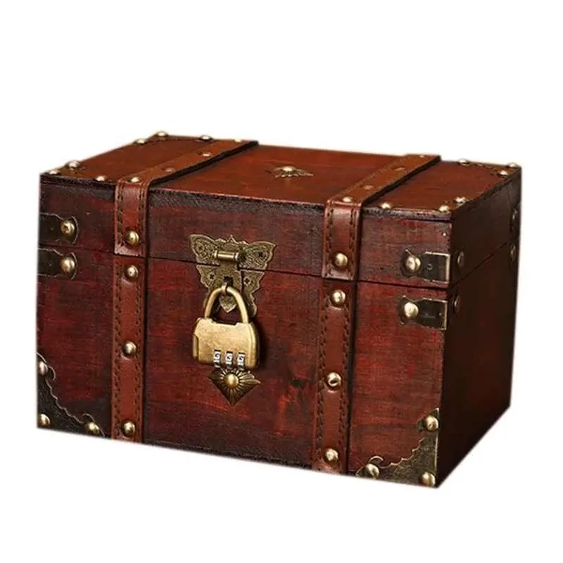 रेट्रो खजाना छाती ताला विंटेज लकड़ी के भंडारण बॉक्स प्राचीन शैली गहने आयोजक के साथ अलमारी के लिए गहने बॉक्स Trinket बॉक्स-एल