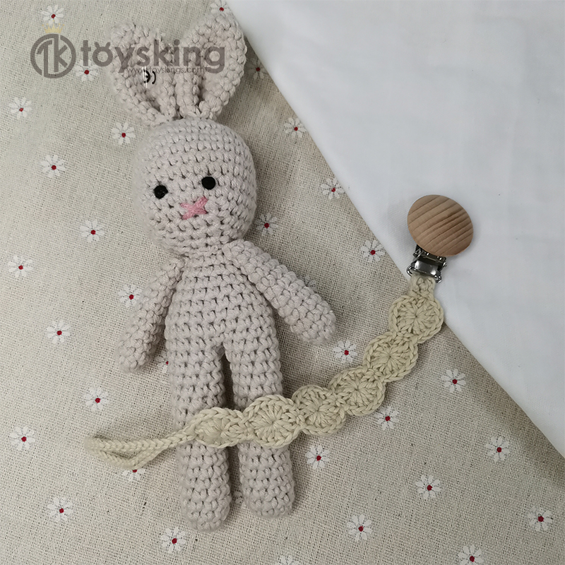 Neutral Knitted Baby Gift Bunny Toy, Pacifier Holder and Beech Clips, Custom Logo with Low MOQ