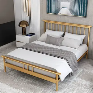 Muebles de dormitorio de fácil montaje, cama King, tamaño completo, marco de cama de Metal dorado con cabecero
