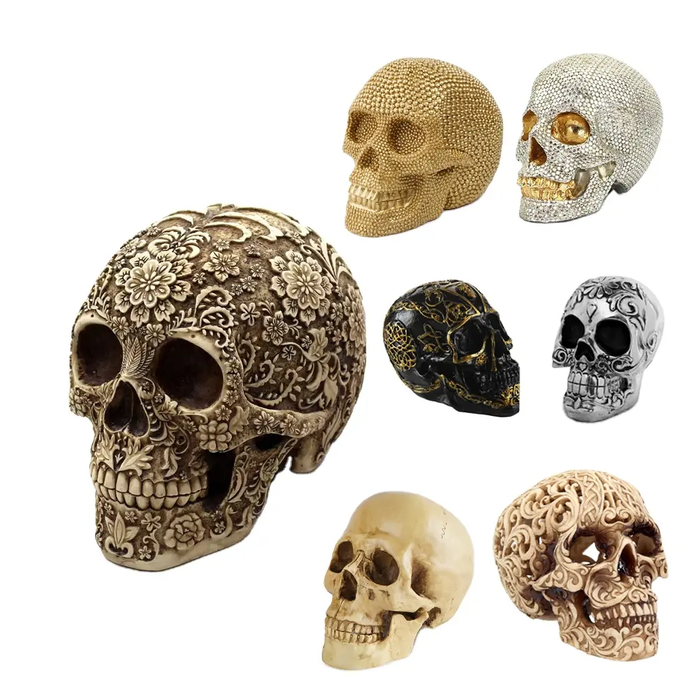 Estátua de crânio de resina de flor, decoração de halloween, escultura de cabeça humana, artesanato decorativo, resina de osso caveira mexicana