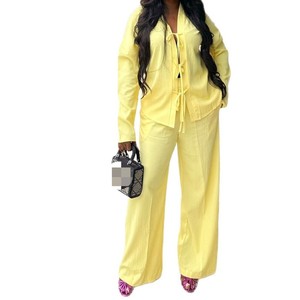 Conjunto de 2 Piezas para Mujer: Blusa Plisada con Lazo y Pantalones Africanos de Pierna Recta, Nuevo Color Sólido, a la Moda - Product Image 1