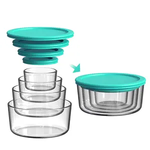 बड़े रसोई सहायक उपकरण पुन: प्रयोज्य वायुरोधी ढक्कन ग्लास खाद्य भंडारण कंटेनर बॉक्स गोल कटोरा