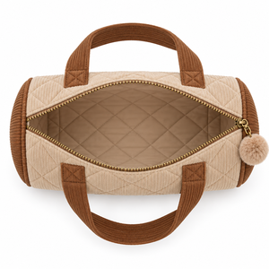 Toiletry <b>Bag</b> Barrel Shape <b>Corduroy</b> Quilted Pompom Zipper Pull Oat Caramel Wash Pouch Custom Logo Gift - Product Image 5