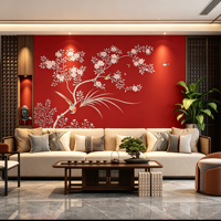 Papier peint floral rouge style Palais, Murale Chinoiserie Rouge, Mur d'ambiance de luxe pour Villa, Hôtel, Club et Espaces Commerciaux