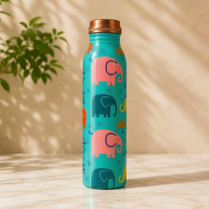 Bouteille d'eau en cuivre pur avec imprimé éléphant pour enfants, gourde en métal pour l'école, les voyages, les activités de plein air et une hydratation saine. - Product Image 1