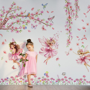 Decorazione per la casa rosa albero ramo uccello farfalla con fata ragazza autoadesivo adesivo da parete per camera da letto bambini decorazione per la casa - Product Image 2