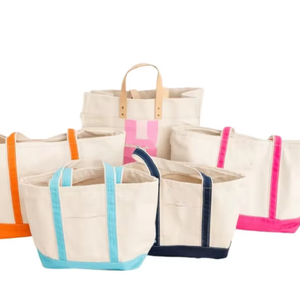 Custom with Logo Printing Blank Pocket and Zipper Shoulder Length Handle <b>Medium</b> Shopping Cotton Canvas Tote <b>Bag</b> with Ribbon Rope - Product Image 1