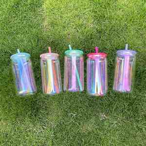 Verre à bière personnalisé de 16 oz avec logo, effet arc-en-ciel brillant, plaqué, vierge pour sublimation, avec couvercles colorés et paille pour wraps UV DTF - Product Image 4