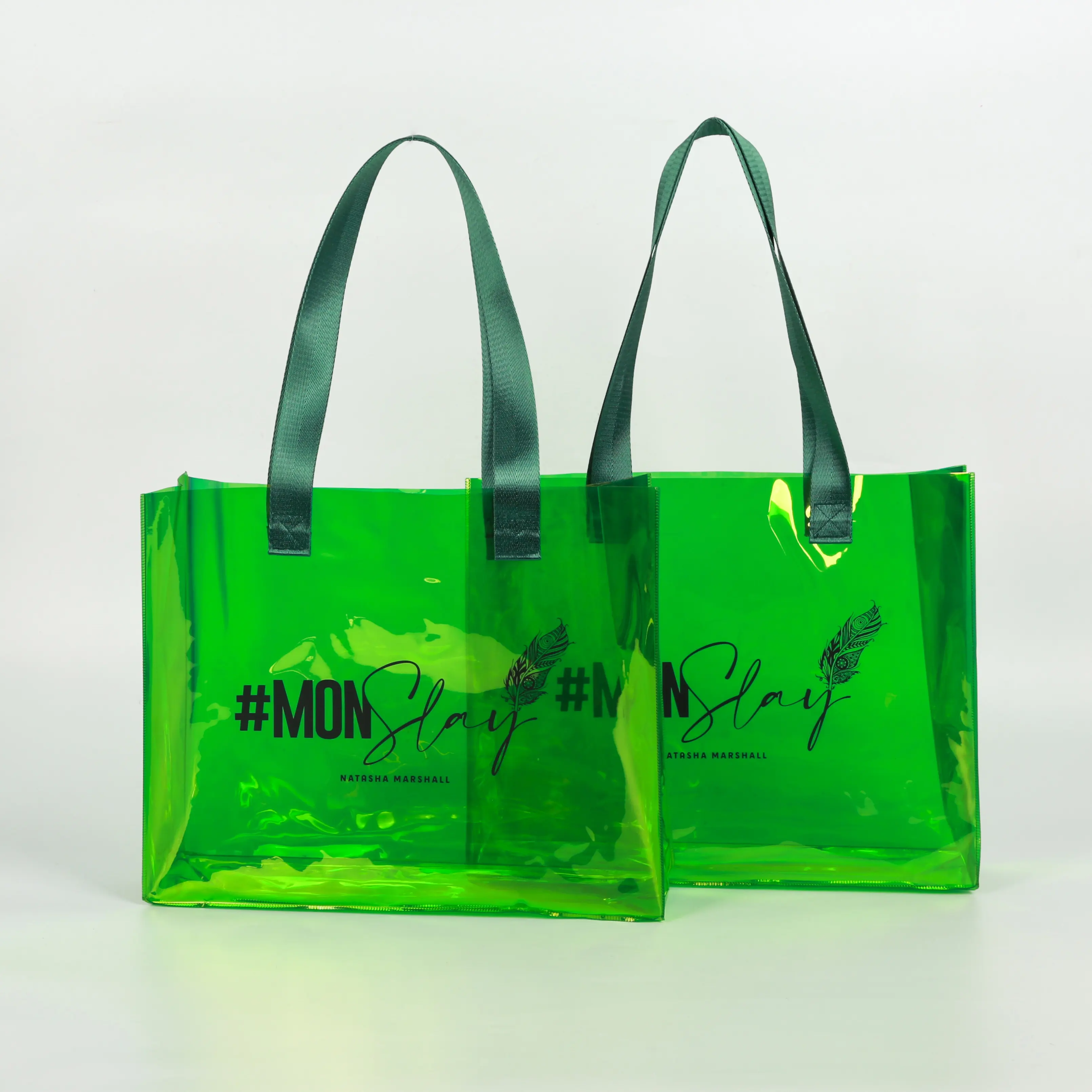 2023 Ins Popular Holographic Custom Green Large Jelly Hologram Laser Tote Pvc Handle Bag